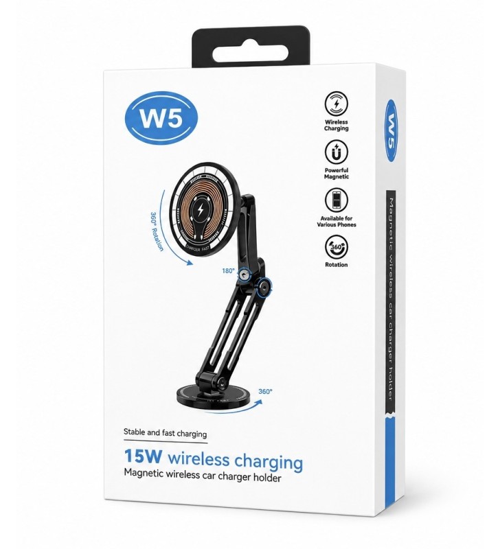 Support téléphone voiture magnétique avec chargeur à induction – 15W – Bras articulé